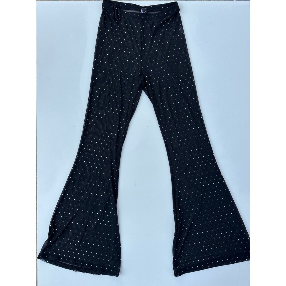 Motel Rocks Sheer Rhinestone Bell Bottom Pants Large